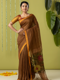 Handwoven Jamdani Linen Saree | Coffee Brown