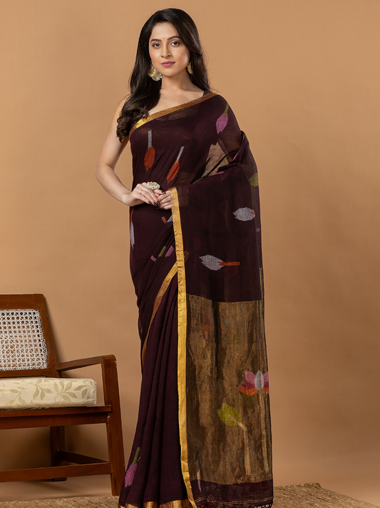 Handwoven Jamdani Linen Saree | Chocolate Brown