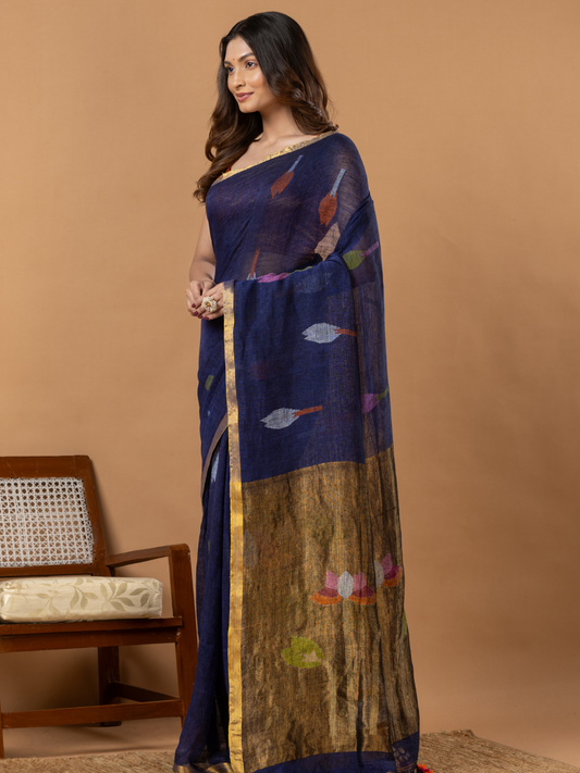 Handwoven Jamdani Linen Saree | Deep Navy Blue