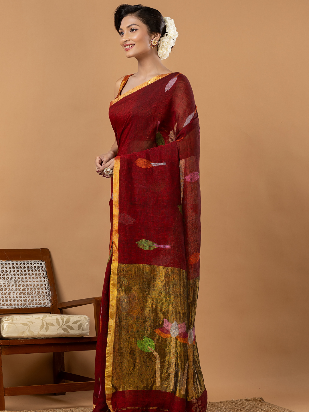 Handwoven Jamdani Linen Saree | Deep Red