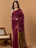 Handwoven Jamdani Linen Saree | Wine Magenta