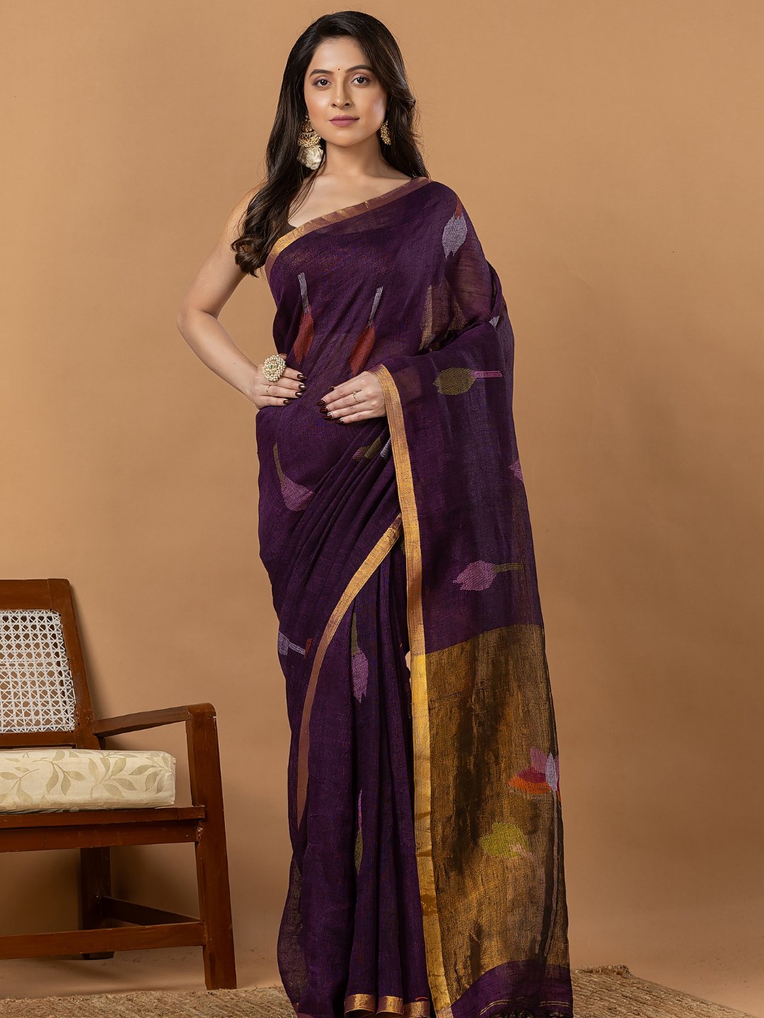 Handwoven Jamdani Linen Saree | Deep Purple