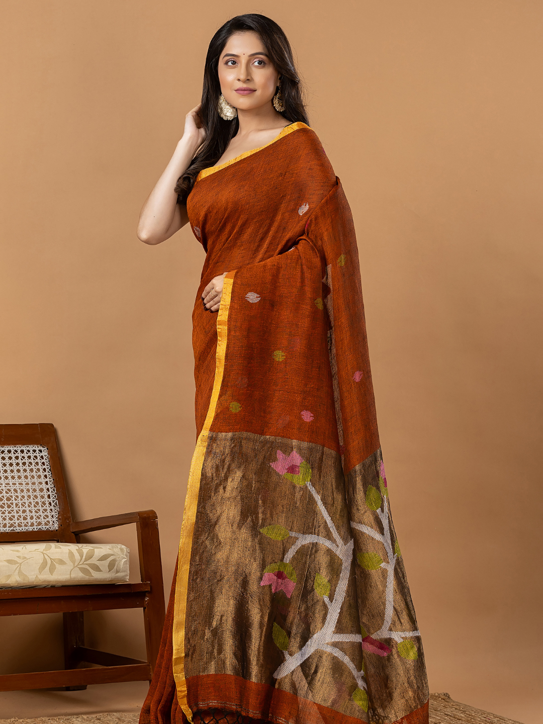 Handwoven Jamdani Linen Saree | Rust Orange