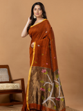 Handwoven Jamdani Linen Saree | Rust Orange