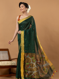 Handwoven Jamdani Linen Saree | Bottle Green