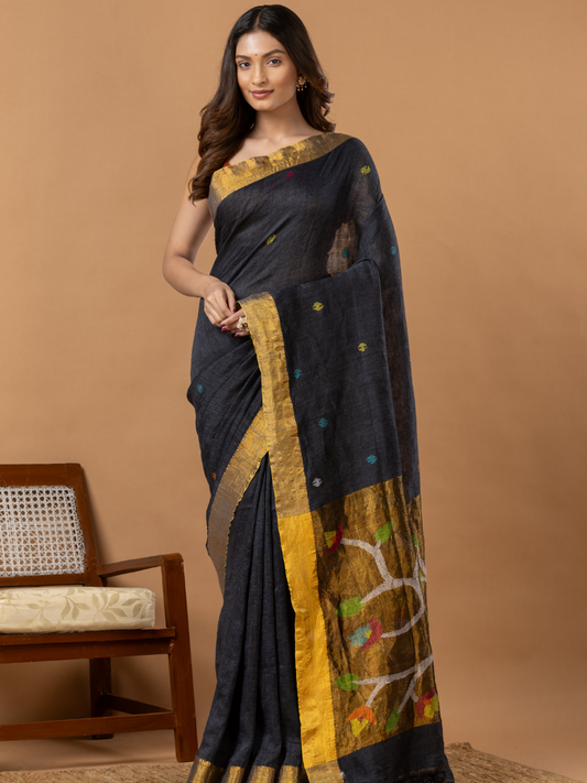 Handwoven Jamdani Linen Saree | Charcoal Black