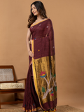 Handwoven Jamdani Linen Saree | Wine Maroon