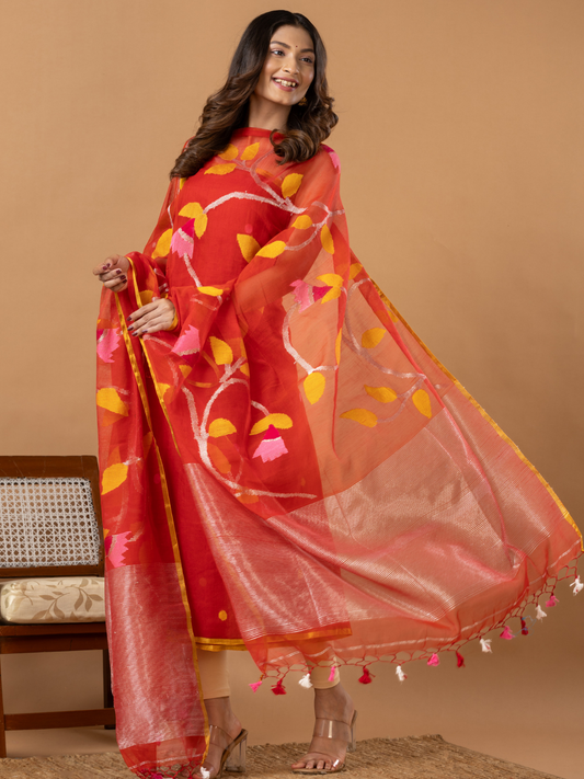 Handwoven Jamdani Muslin Unstitched 2-Piece Kurti | Coral Red