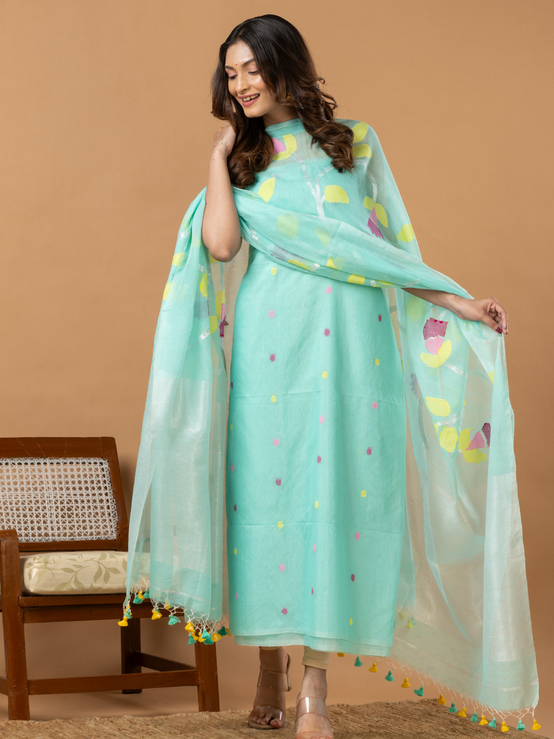Handwoven Jamdani Muslin Unstitched 2-Piece Kurti | Aqua Mint