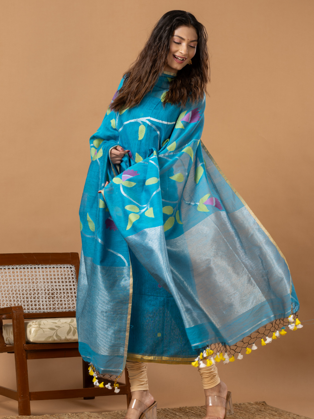 Handwoven Jamdani Muslin Unstitched 2-Piece Kurti | Turquoise Blue
