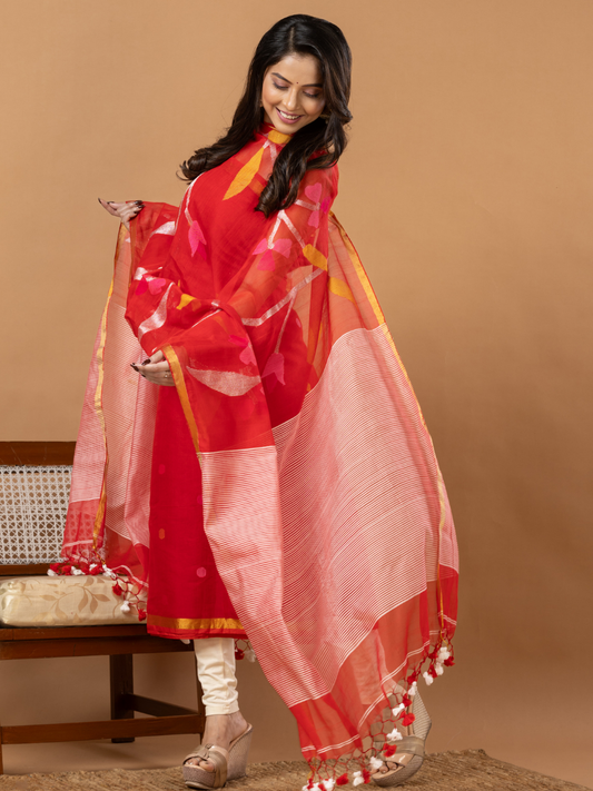 Handwoven Jamdani Muslin Unstitched 2-Piece Kurti | Scarlet Red