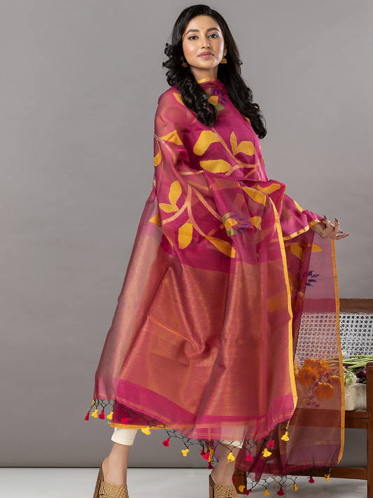Handwoven Jamdani Muslin Unstitched 2-Piece Kurti | Magenta Pink