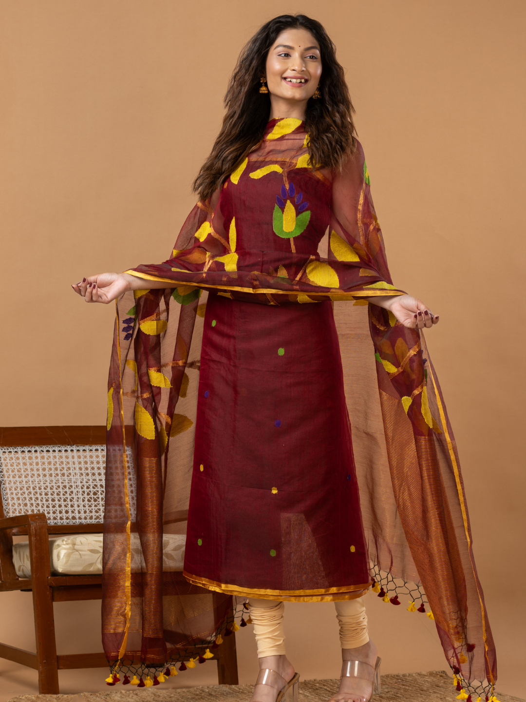 Handwoven Jamdani Muslin Unstitched 2-Piece Kurti | Deep Maroon