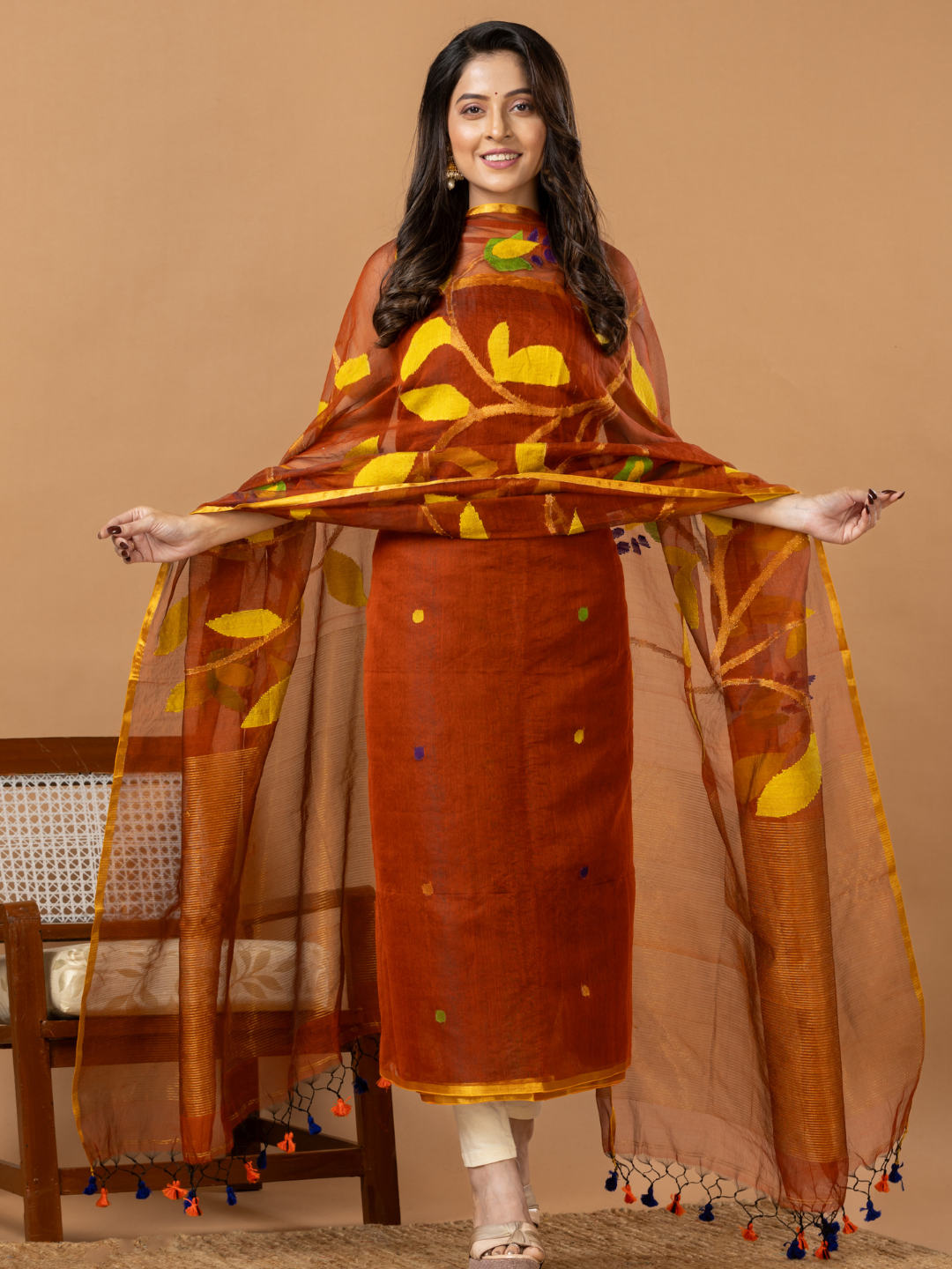 Handwoven Jamdani Muslin Unstitched 2-Piece Kurti | Rust Orange