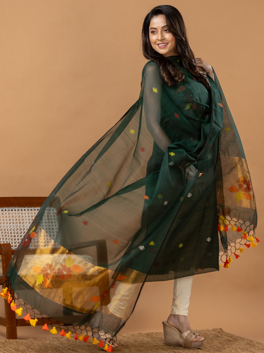 Handwoven Jamdani Muslin Unstitched 2-Piece Kurti | Bottle Green