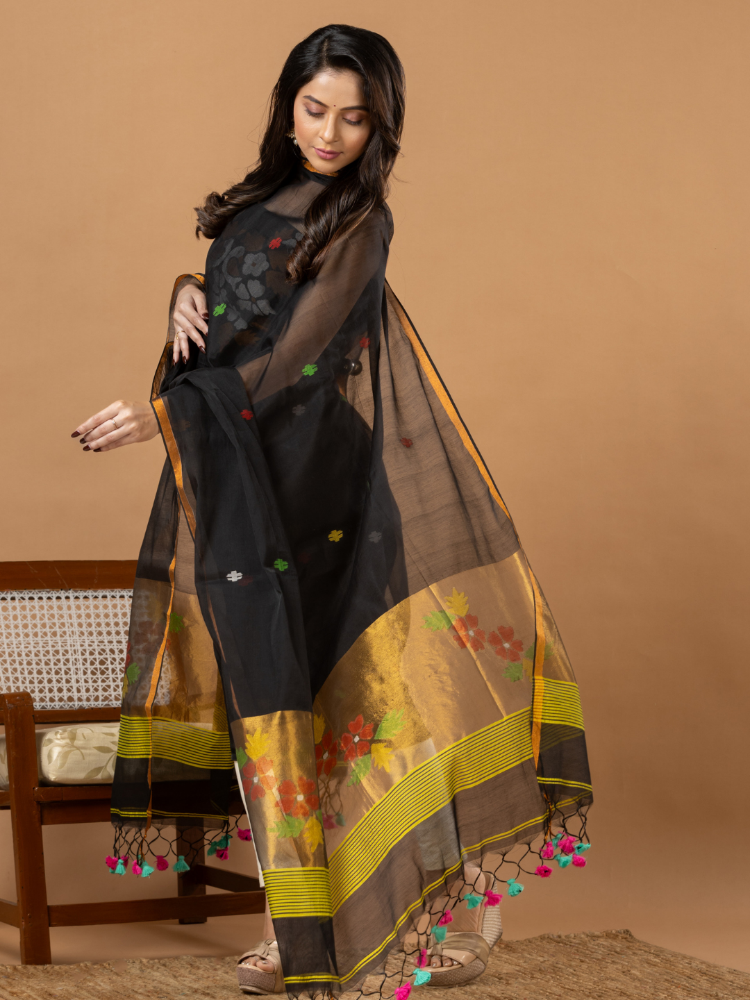Handwoven Jamdani Muslin Unstitched 2-Piece Kurti | Jet Black