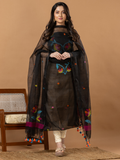 Handwoven Jamdani Muslin Unstitched 2-Piece Kurti | Jet Black