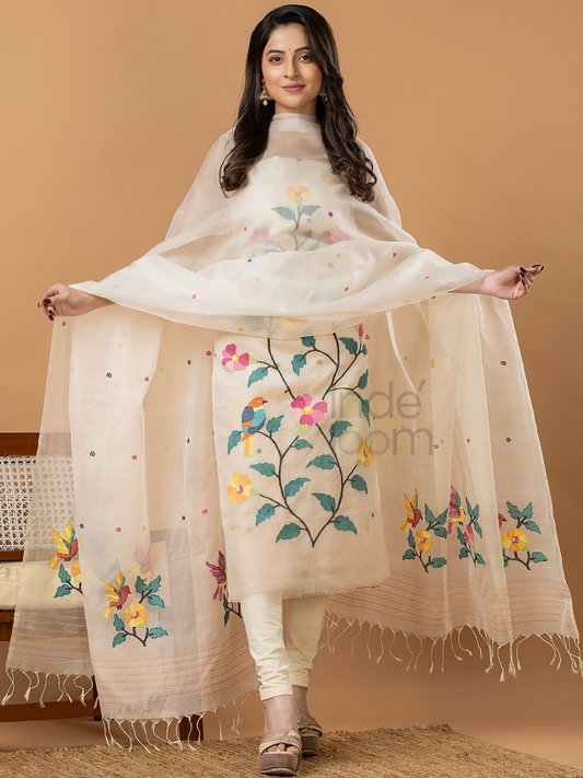 Handwoven Jamdani Muslin Unstitched 2-piece Kurti | White | All-over Jamdani weaves with Floral border