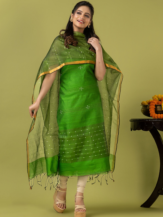 Handwoven Jamdani Muslin Unstitched 2-piece Kurti | Lime Green