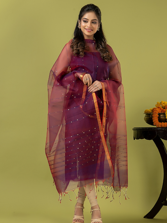 Handwoven Jamdani Muslin Unstitched 2-piece Kurti | Deep Plum
