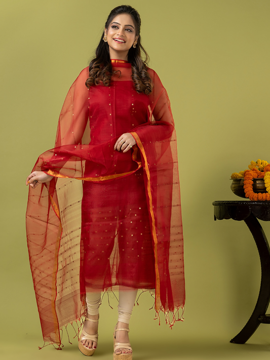 Handwoven Jamdani Muslin Unstitched 2-piece Kurti | Scarlet Red