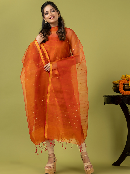 Handwoven Jamdani Muslin Unstitched 2-piece Kurti | Burnt Orange
