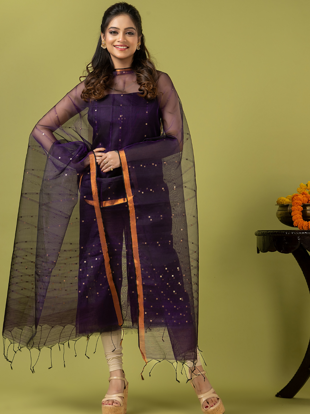 Handwoven Jamdani Muslin Unstitched 2-piece Kurti | Deep Violet