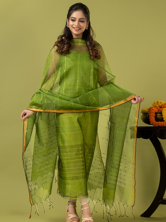 Handwoven Jamdani Muslin Unstitched 2-piece Kurti | Parrot Green