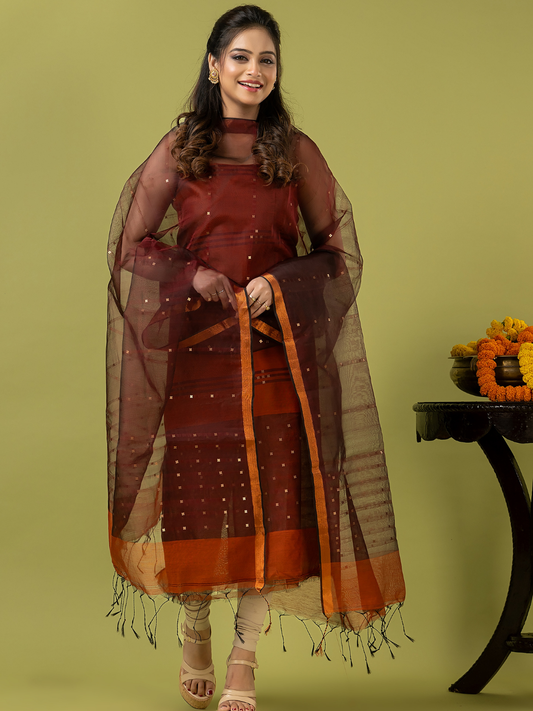 Handwoven Jamdani Muslin Unstitched 2-piece Kurti | Rust Brown