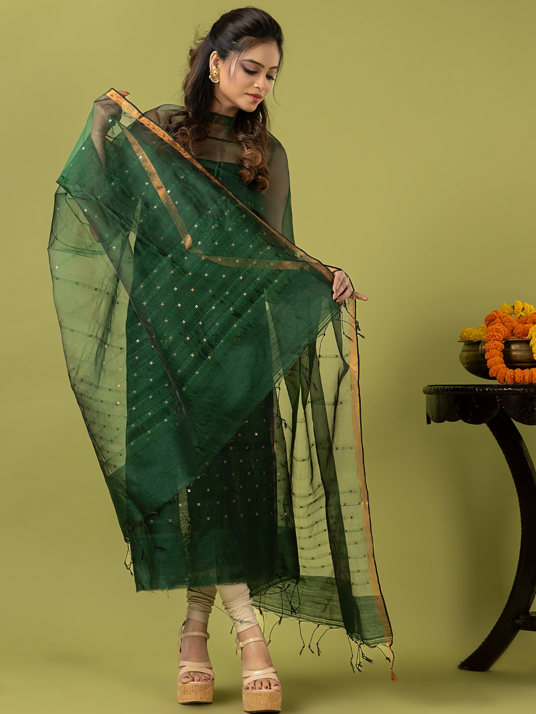 Handwoven Jamdani Muslin Unstitched 2-piece Kurti | Bottle Green