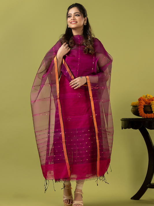 Handwoven Jamdani Muslin Unstitched 2-piece Kurti | Fuchsia Pink