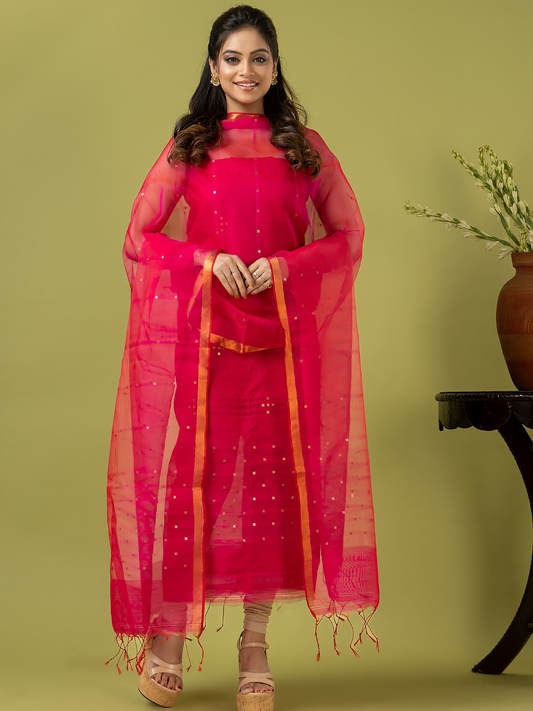 Handwoven Jamdani Muslin Unstitched 2-piece Kurti | Hot Pink