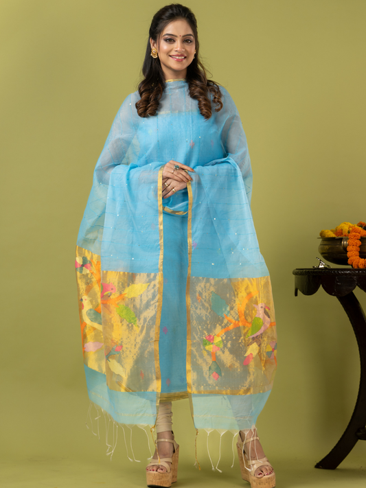 Handwoven Jamdani Muslin Unstitched 2-piece Kurti | Sky Blue