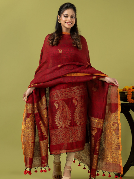 Handwoven Jamdani Muslin Unstitched 2-piece Kurti | Deep Red
