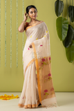 Handwoven Jamdani Muslin Saree | Off-White and Gold | All-over Buttas with All-over Jamdani weaves