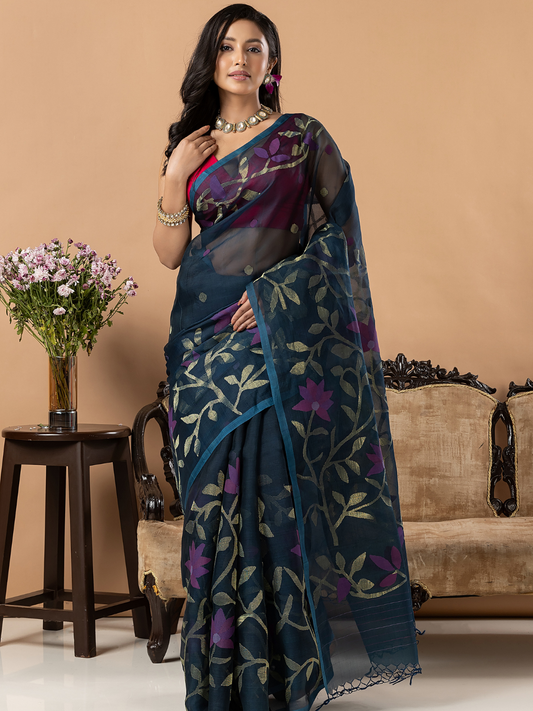 Handwoven Jamdani Muslin Saree | Deep Teal Charcoal