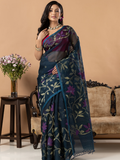 Handwoven Jamdani Muslin Saree | Deep Teal Charcoal