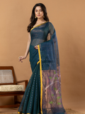 Handwoven Jamdani Muslin Saree | Deep Teal