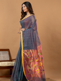 Handwoven Jamdani Muslin Saree | Slate Blue
