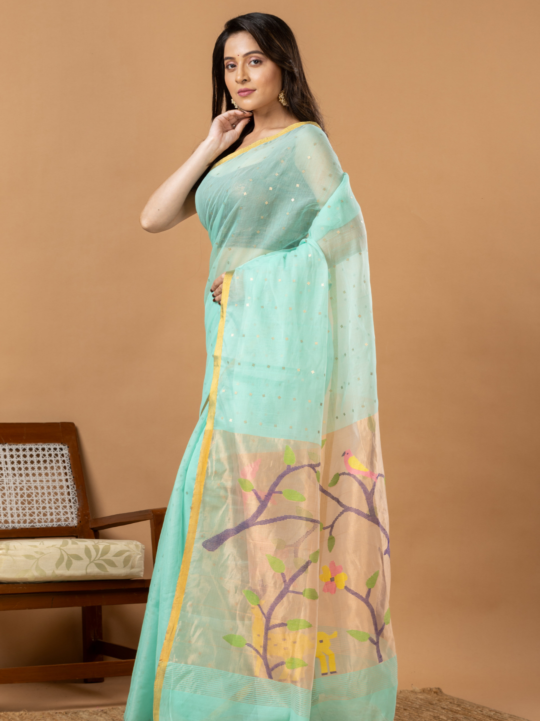 Handwoven Jamdani Muslin Saree | Aqua Mint