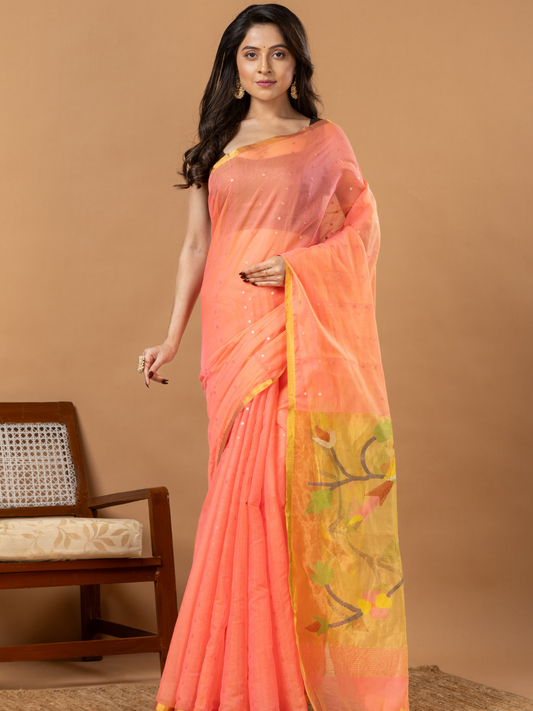 Handwoven Jamdani Muslin Saree | Peach Coral