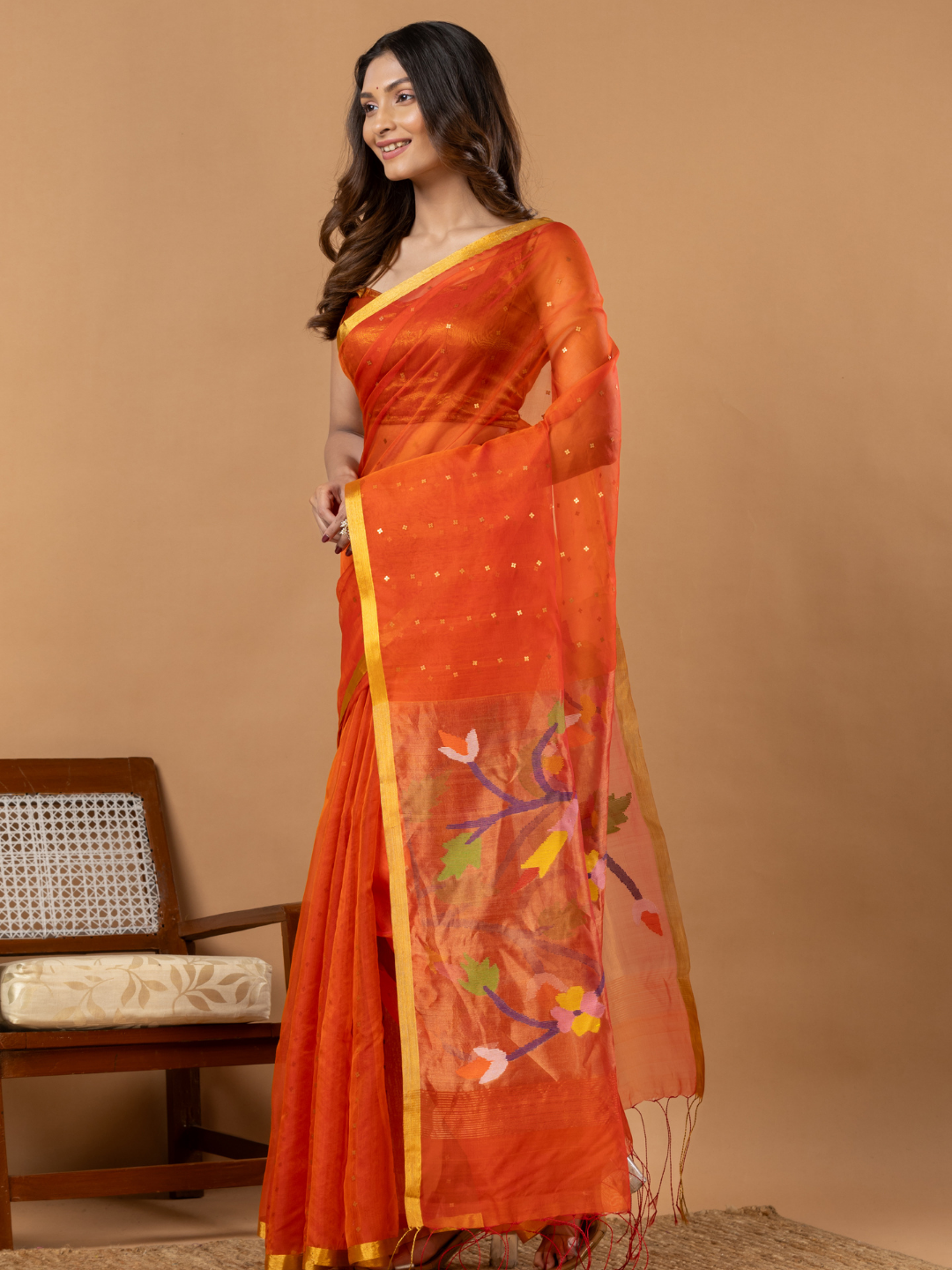 Handwoven Jamdani Muslin Saree | Bright Orange