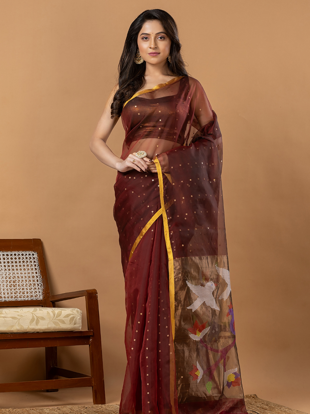 Handwoven Jamdani Muslin Saree | Coffee Brown