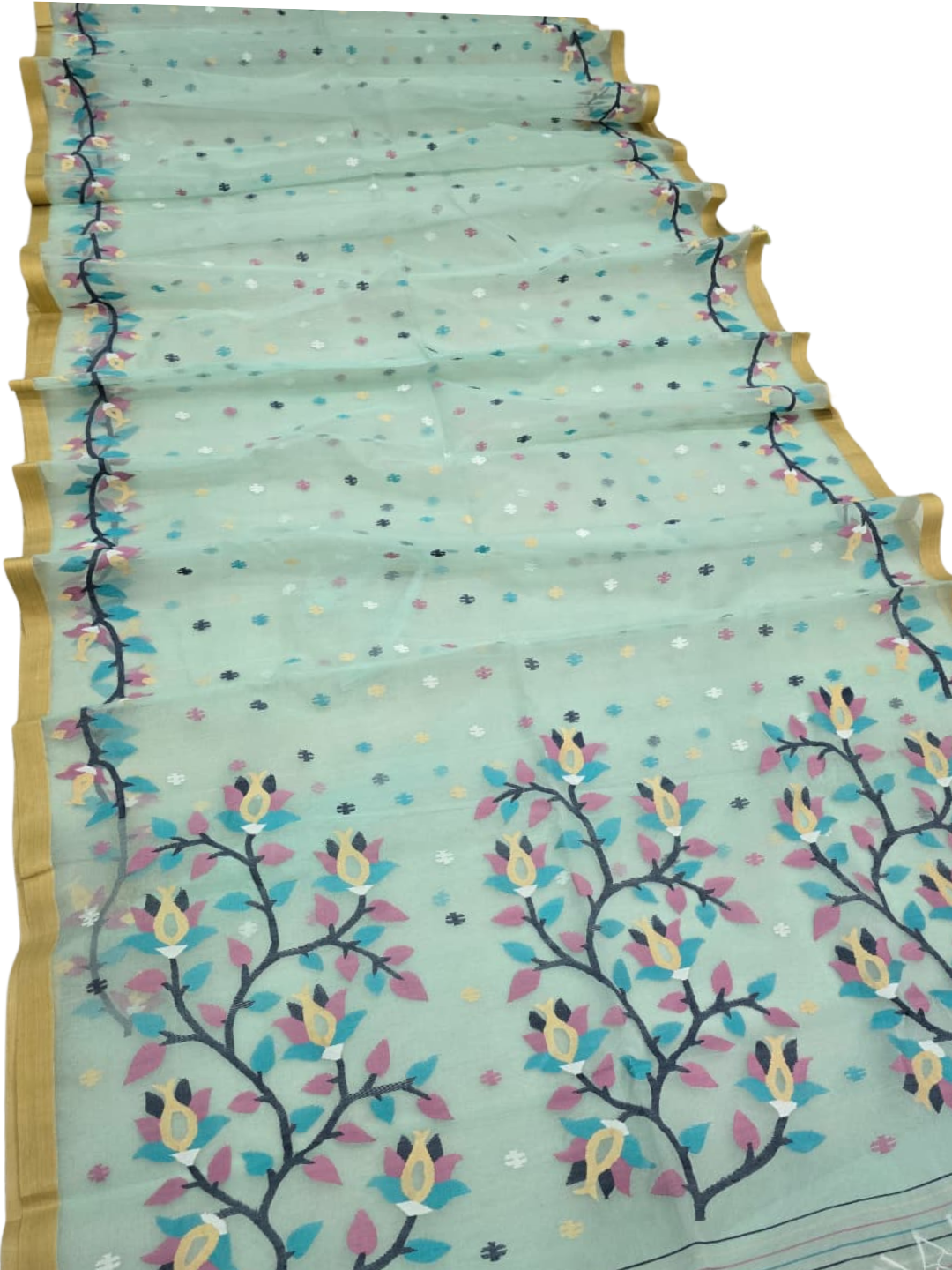 Handwoven Jamdani Muslin Saree | Pastel Mint