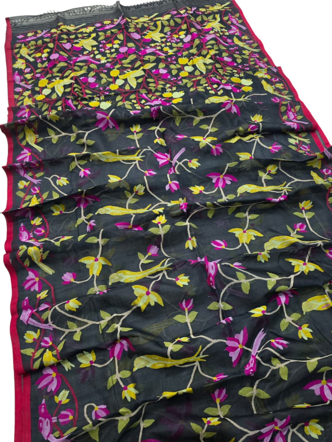 Handwoven Jamdani Muslin Saree | Charcoal Black