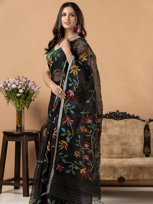 Handwoven Jamdani Muslin Silk Saree | Jet Black