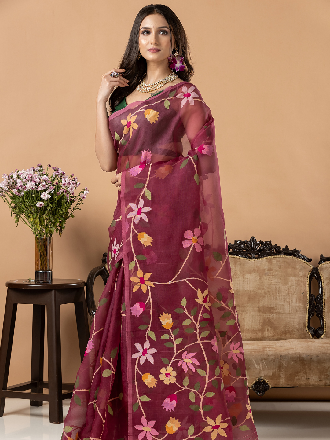 Handwoven Jamdani Muslin Silk Saree | Wine Mauve