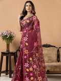 Handwoven Jamdani Muslin Silk Saree | Wine Mauve