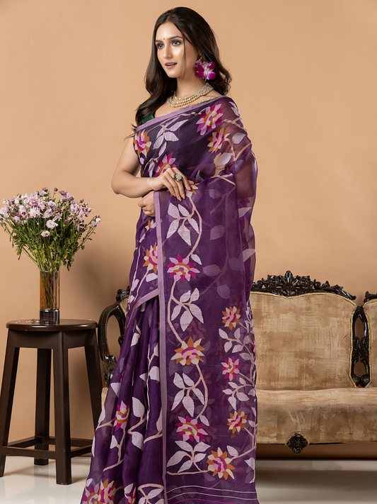 Handwoven Jamdani Muslin Silk Saree | Deep Purple
