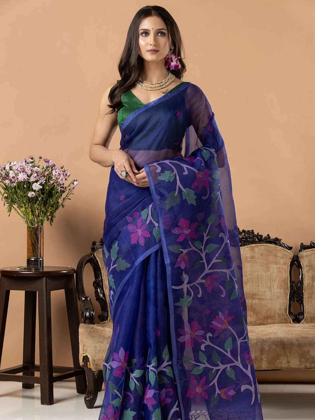 Handwoven Jamdani Muslin Silk Saree | Royal Blue